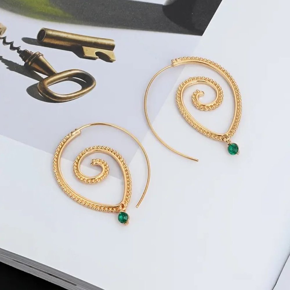 Bohemian Gold Spiral Swirl with Green Gemstone Earrings NEW